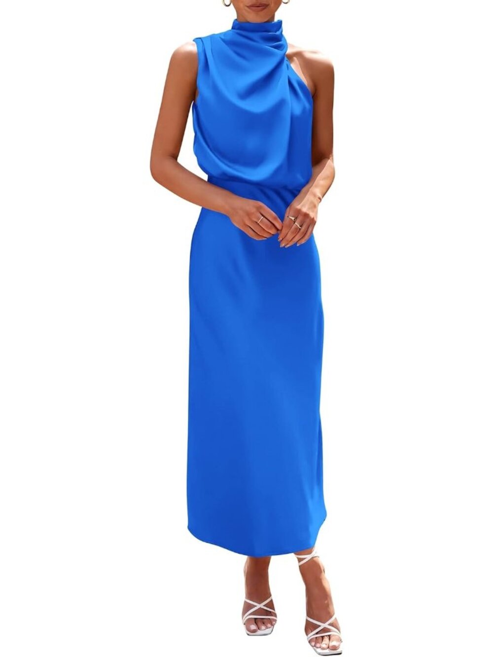 Women's Summer Dress Sleeveless Royal Blue Mock Neck Cocktail Party Maxi Dress
